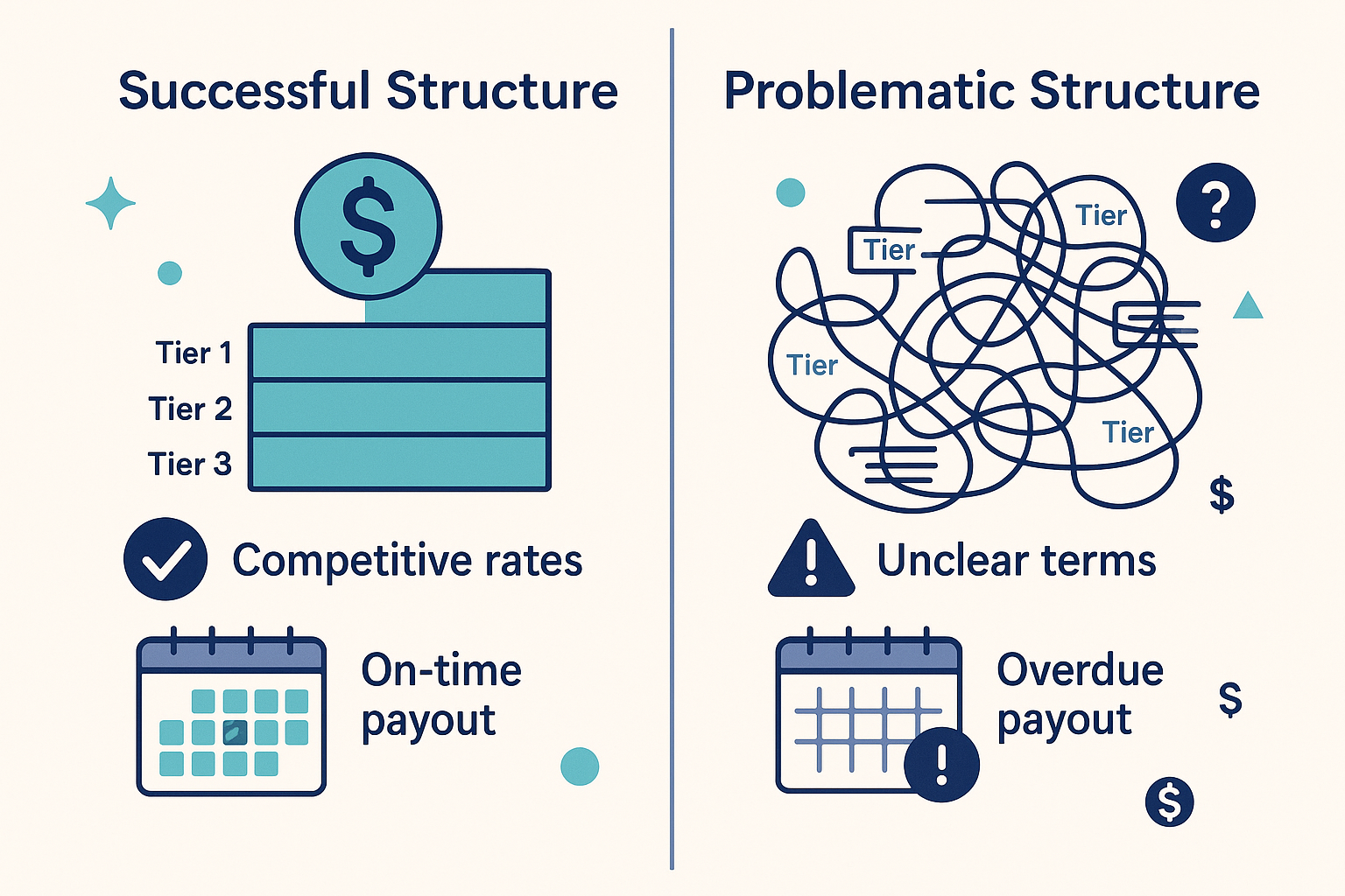 Split-screen comparison showing successful vs problematic commission structures, with visual elements highlighting key differences in simplicity, competitiveness, and payment terms
