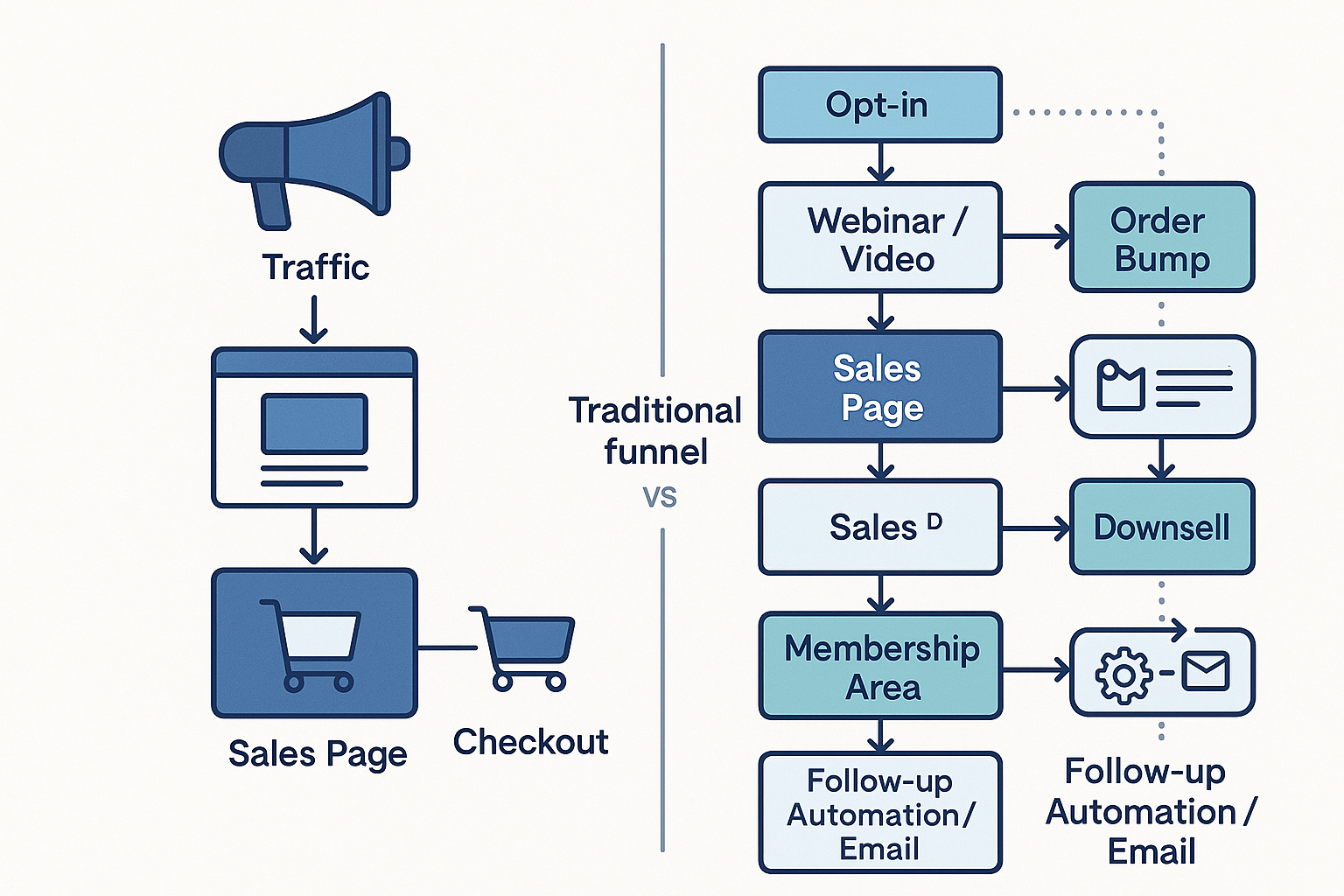Split-screen comparison showing a simple one-page digital product sales funnel versus a complex multi-step ClickFunnels 2.0 sales sequence with multiple touchpoints, upsells, and follow-up automation