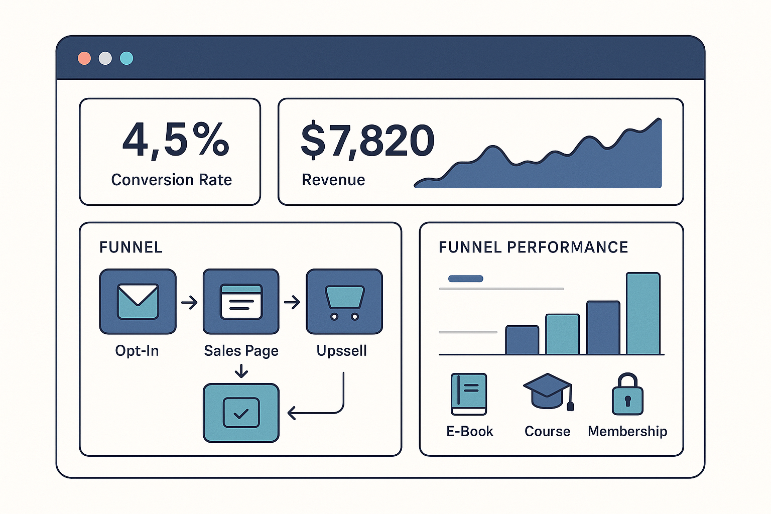Dashboard screenshot mockup showing ClickFunnels 2.0 analytics interface with conversion metrics, revenue tracking, and funnel performance data across multiple digital products