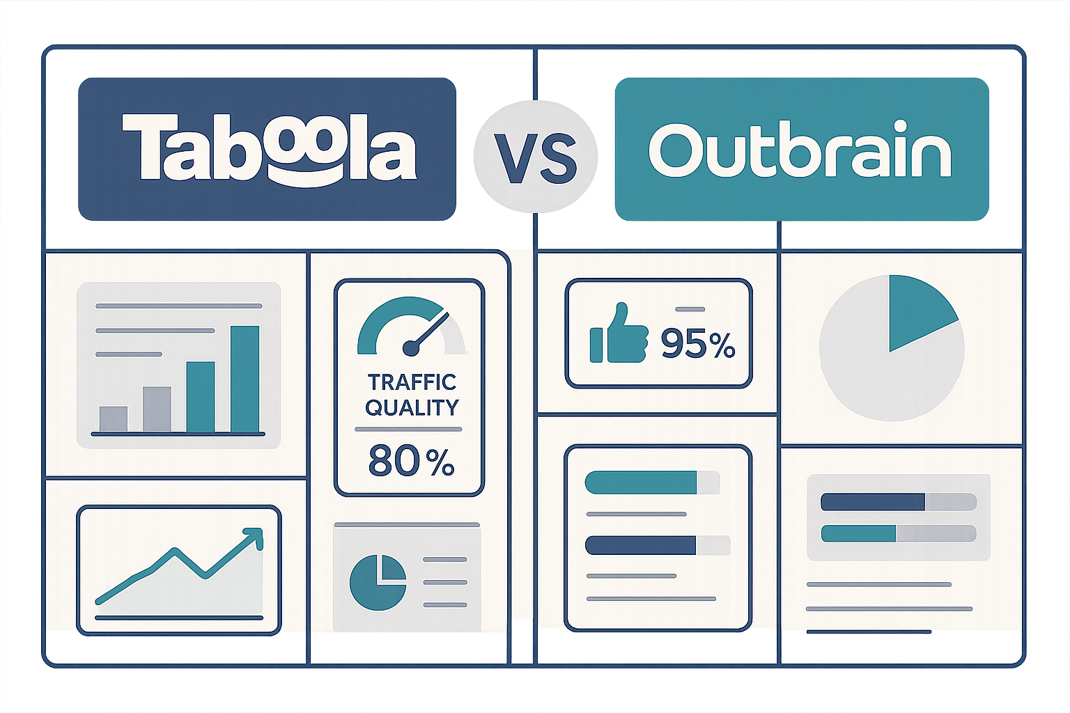 Split-screen comparison graphic showing Taboola and Outbrain logos with key metrics and performance indicators displayed as modern infographic elements, highlighting traffic quality scores, approval rates, and cost differences