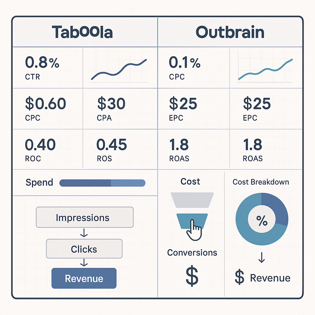 Professional dashboard mockup showing campaign performance metrics, cost breakdowns, and ROI calculations comparing both platforms with clean data visualization charts and affiliate marketing KPIs