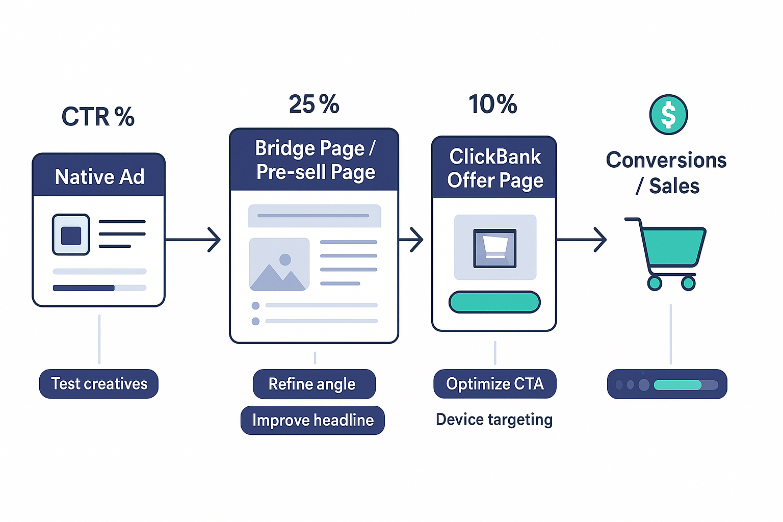 A flowchart showing the native ad to bridge page to ClickBank offer conversion funnel, with conversion rate percentages at each step and optimization points highlighted