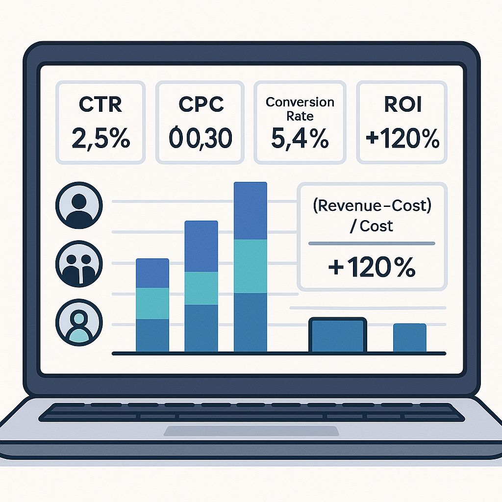 A dashboard screenshot showing native ad campaign performance metrics with key KPIs highlighted, including CTR, CPC, conversion rates, and ROI calculations across different targeting segments