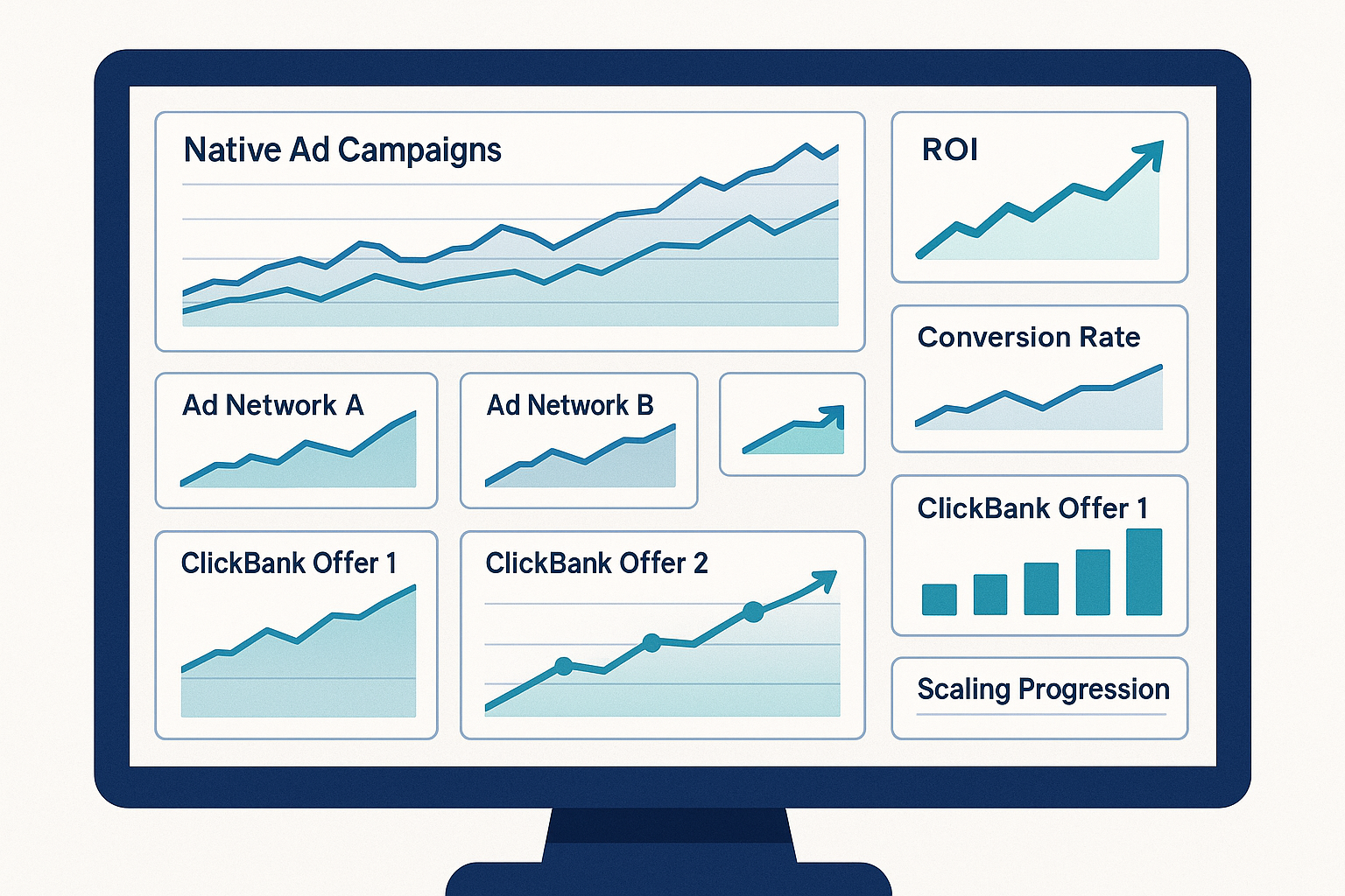 A comprehensive performance dashboard showing multiple native ad campaigns over time, with trend lines for key metrics like ROI, conversion rates, and scaling progression across different platforms and offers