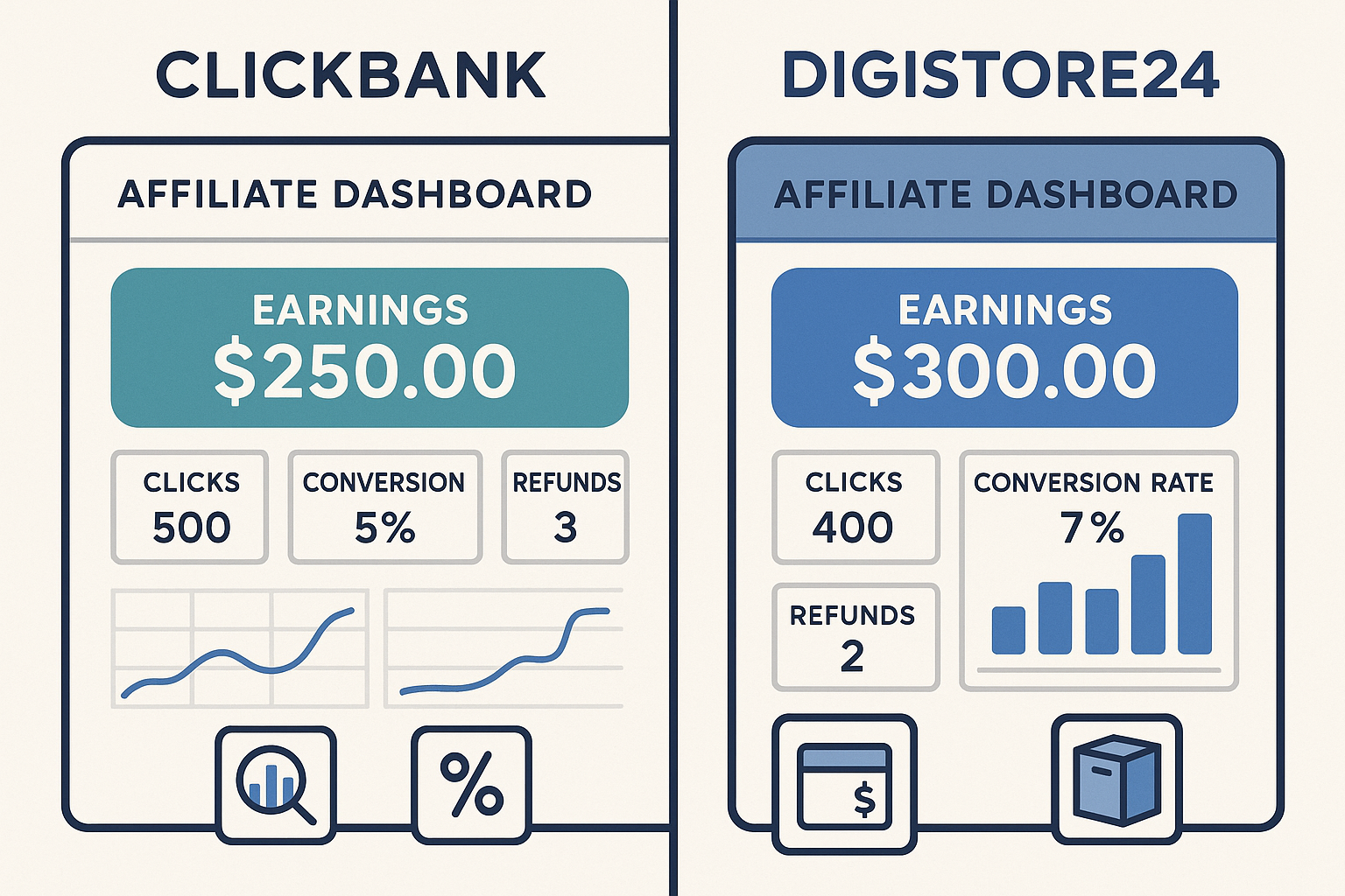Split-screen comparison showing ClickBank and Digistore24 affiliate dashboards side by side, highlighting key metrics and interface differences for affiliate marketers evaluating platform features