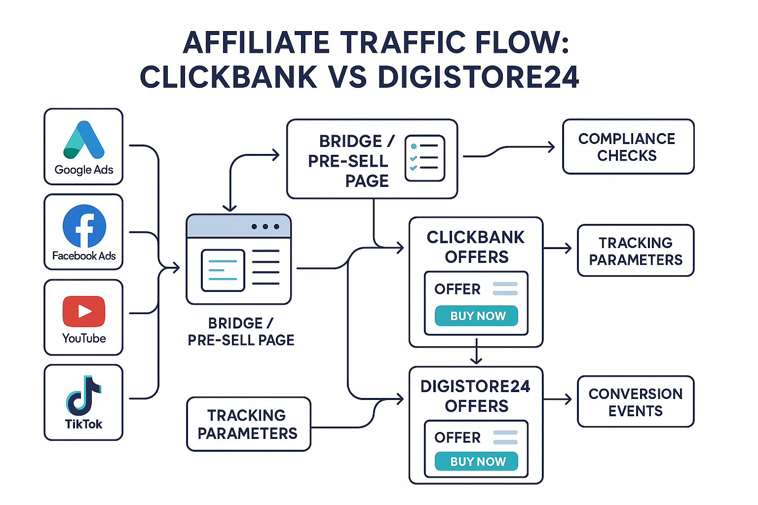 Flowchart diagram showing affiliate traffic flow from ad platforms through bridge pages to both ClickBank and Digistore24 offers, illustrating proper campaign structure and compliance strategies