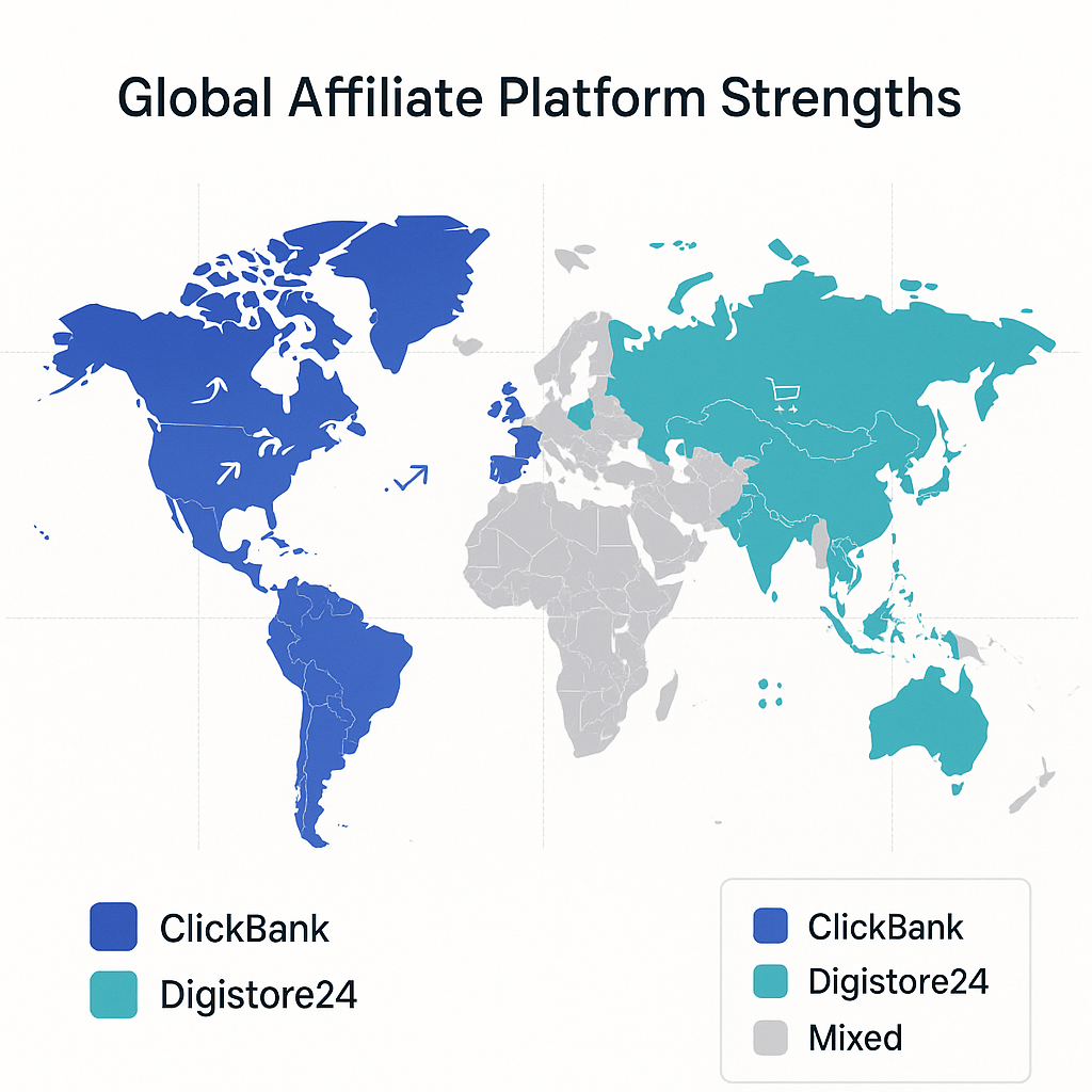 World map visualization showing geographic performance strengths of ClickBank versus Digistore24, with color-coded regions indicating optimal platform choice based on market penetration and conversion data