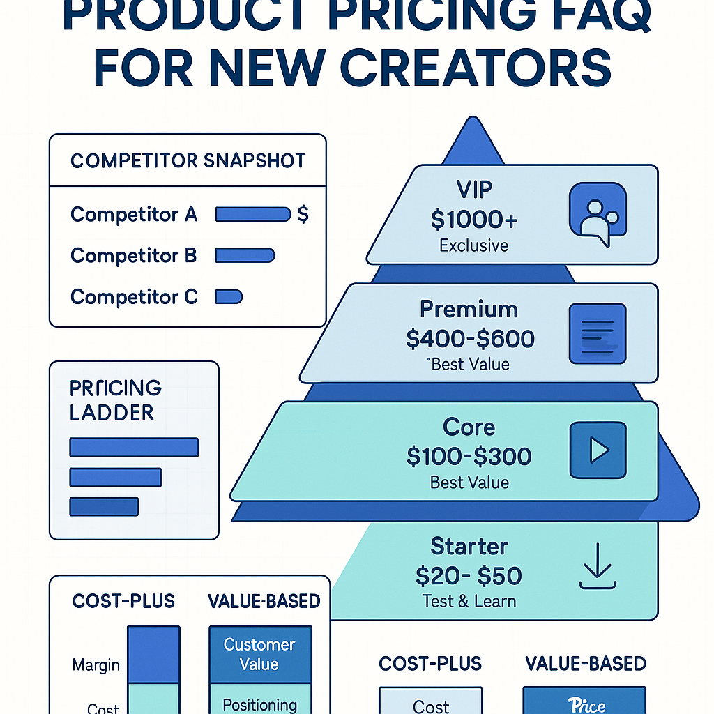 A professional infographic showing digital product pricing tiers and value positioning, with competitor analysis framework and value-based pricing strategy comparison charts