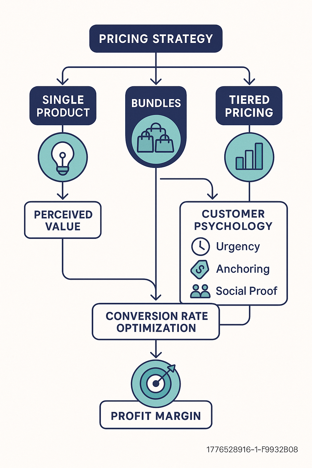 A detailed pricing strategy flowchart showing decision trees for single products vs bundles vs tiered pricing, with conversion rate optimization considerations and customer psychology elements
