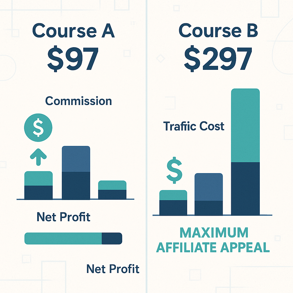 Split-screen infographic showing two pricing scenarios side by side, with Course A at $97 and Course B at $297, displaying commission amounts, traffic costs, and net affiliate profits in colorful bar charts