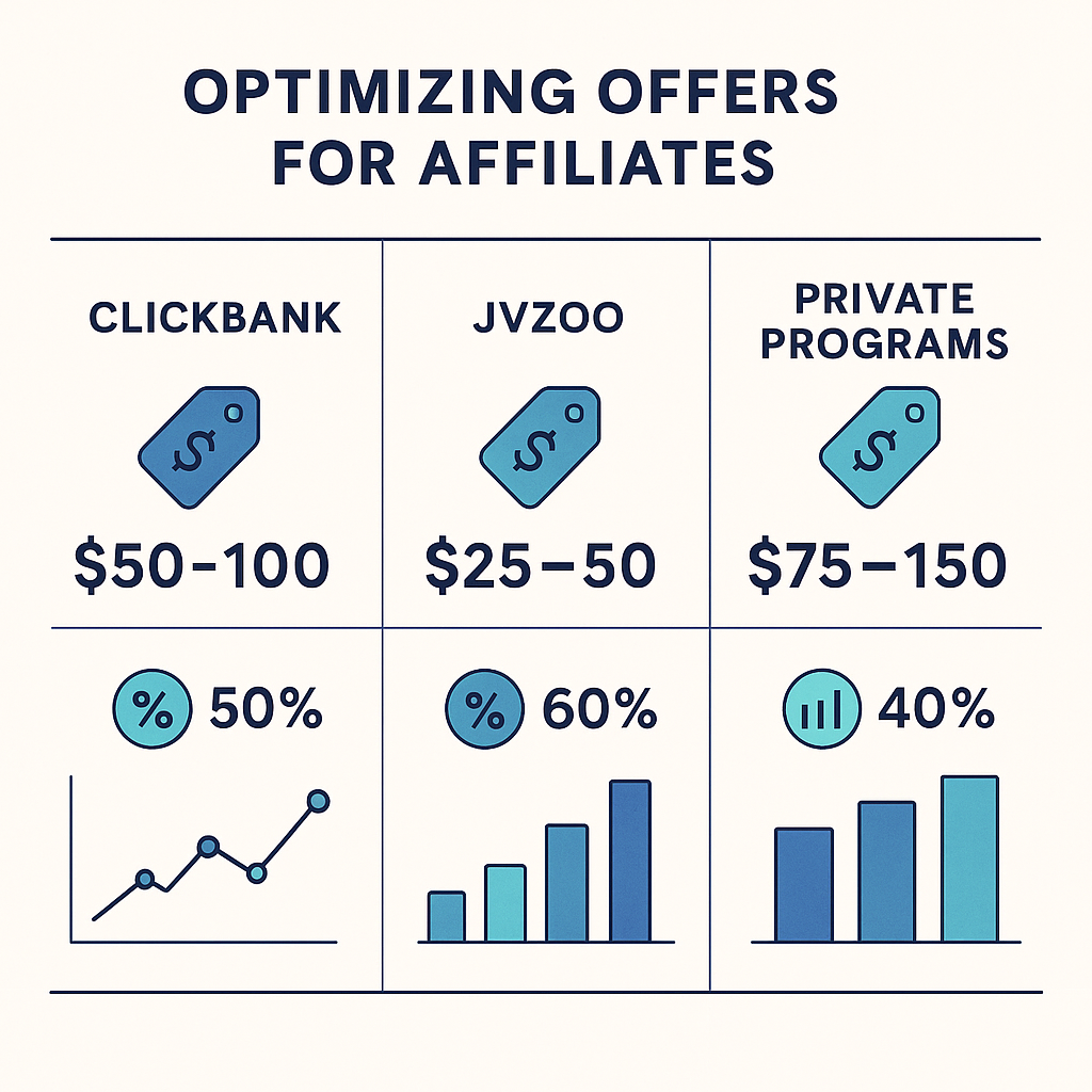 Professional dashboard-style graphic showing three columns representing different affiliate platforms (ClickBank, JVZoo, Private Programs) with optimal pricing ranges, commission structures, and performance metrics displayed in clean charts