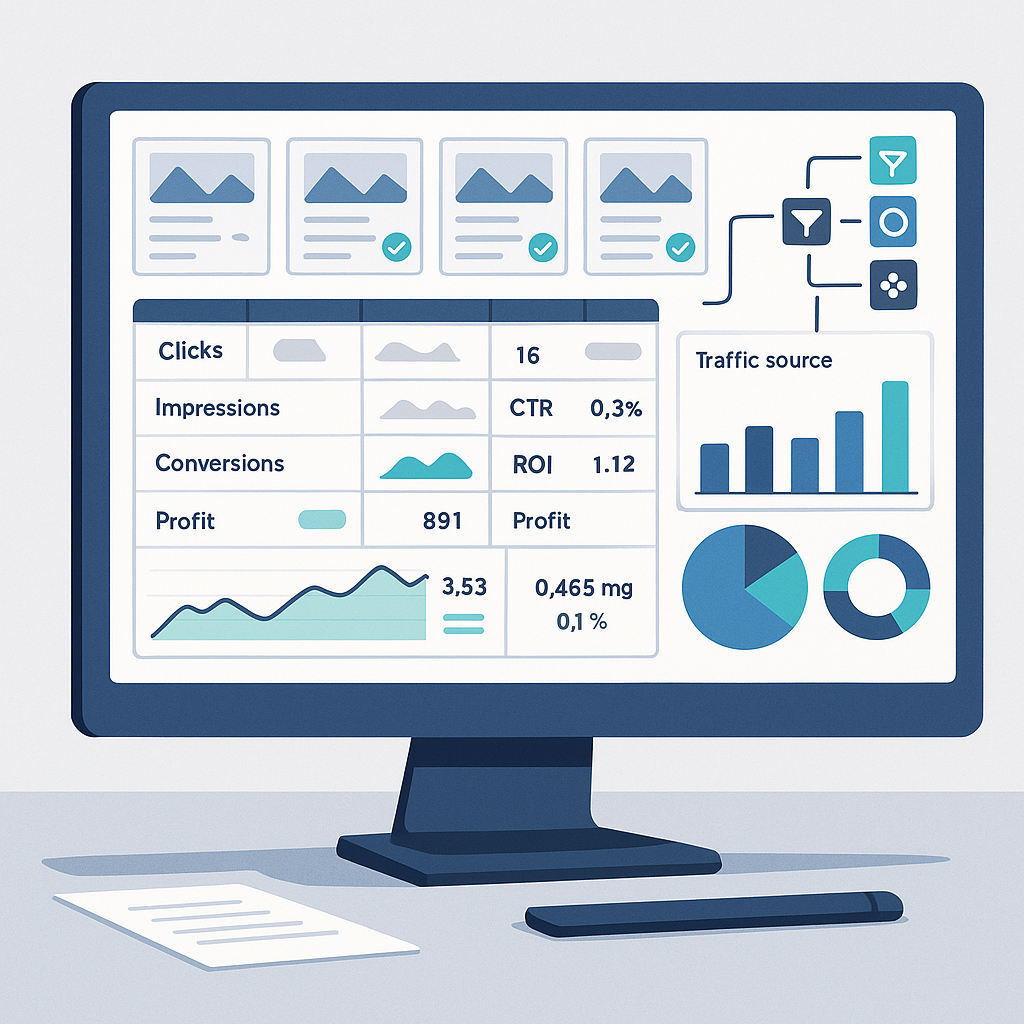 Professional infographic showing Voluum dashboard interface with native advertising campaign metrics, conversion tracking, and traffic source integrations displayed on a modern computer screen