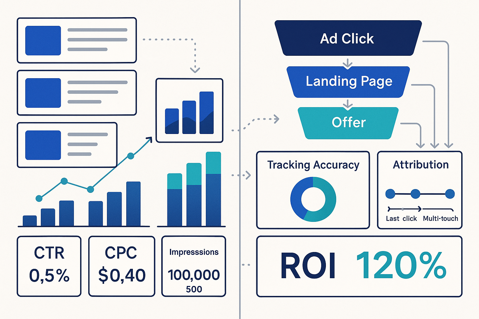 Split-screen comparison showing native ad campaign performance metrics, conversion funnels, and ROI data visualization with charts and graphs demonstrating tracking accuracy and attribution modeling