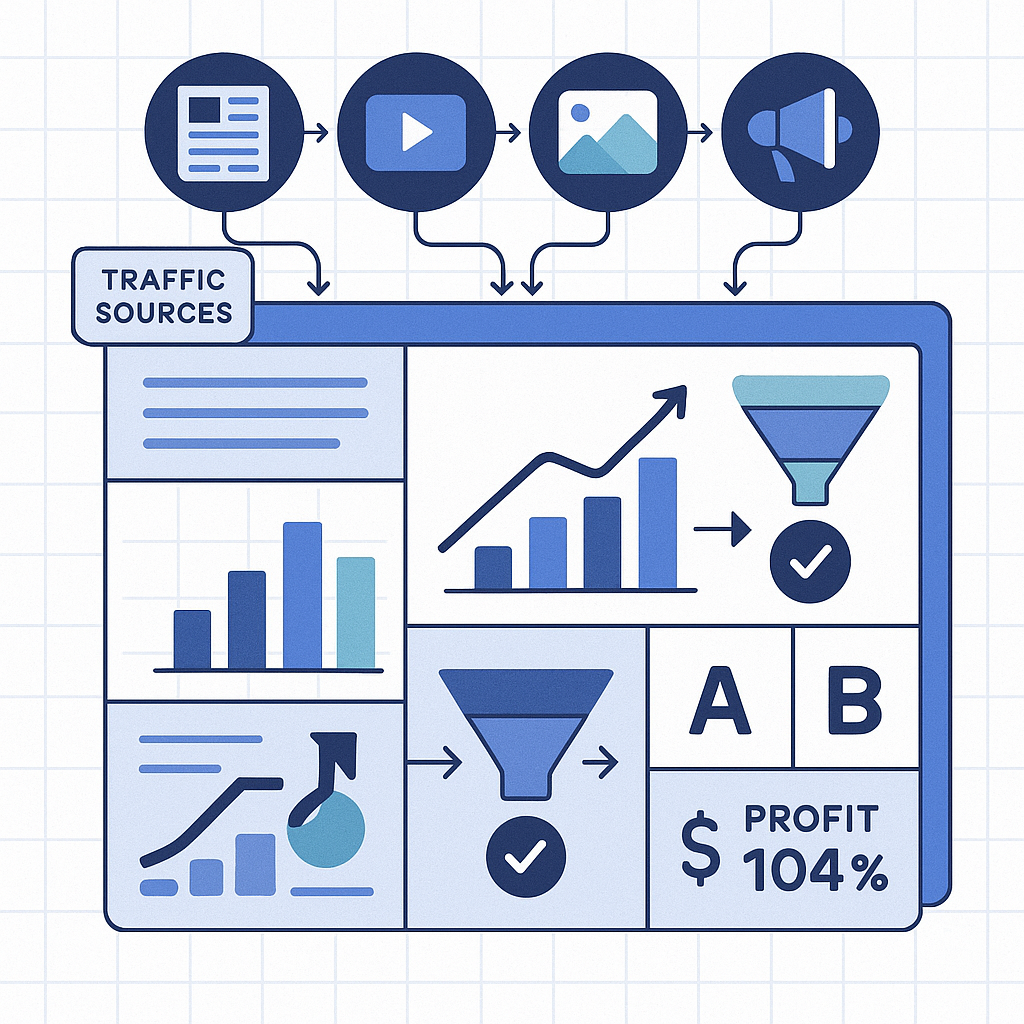 Forward-looking dashboard mockup showing native advertising campaign optimization workflow with multiple traffic sources, conversion tracking, and ROI metrics in a clean, professional interface design