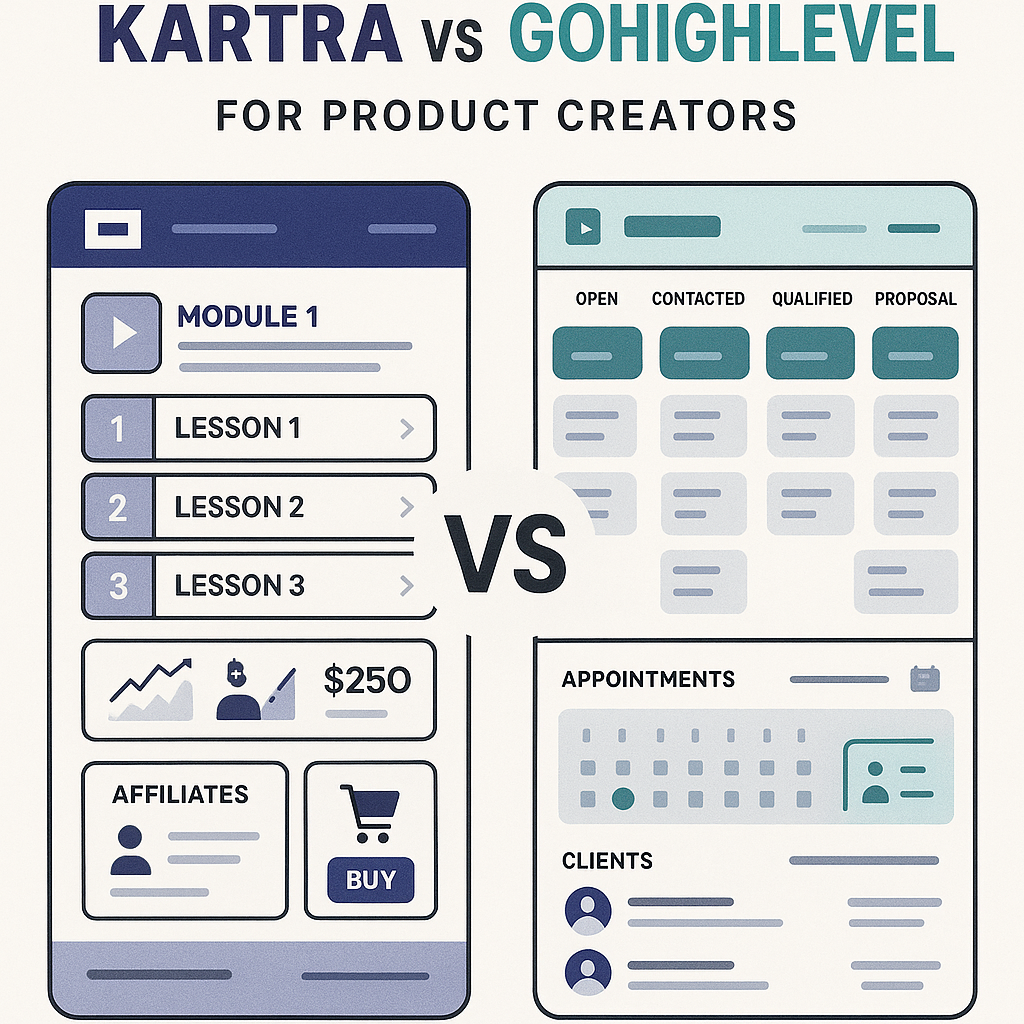 Split-screen comparison infographic showing Kartra's product-focused dashboard on the left with course modules, affiliate tracking, and shopping cart features, versus GoHighLevel's service-oriented interface on the right displaying CRM pipelines, appointment booking, and client management tools