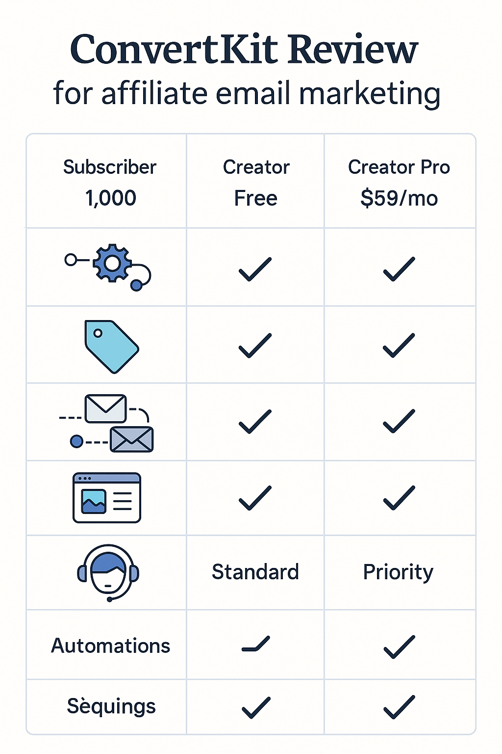 Detailed comparison chart showing ConvertKit pricing tiers with feature breakdown, monthly costs, and subscriber limits, presented as a professional infographic with clear visual hierarchy