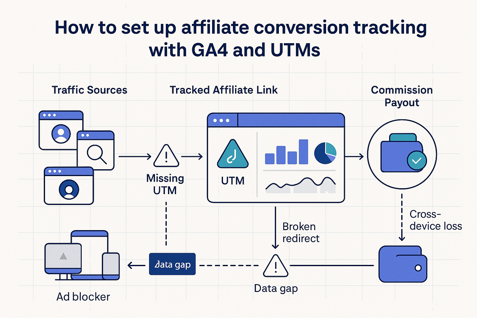 Professional infographic showing the affiliate marketing conversion funnel from traffic source through GA4 tracking to final commission payout, highlighting common tracking failure points and data gaps