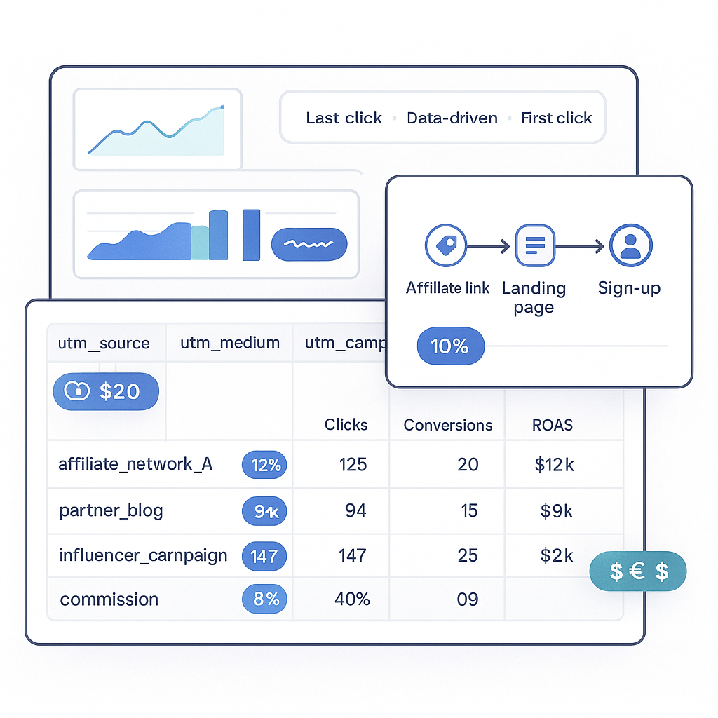 Dashboard-style visualization showing GA4 attribution reports with UTM parameter breakdowns, conversion paths, and commission data overlays, demonstrating how different attribution models affect affiliate campaign analysis