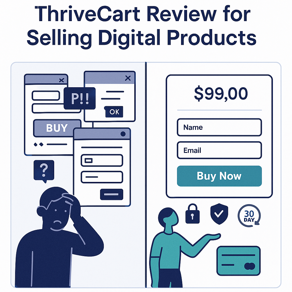 Split-screen comparison showing a cluttered, confusing checkout page versus ThriveCart's clean, conversion-optimized checkout interface with trust badges and clear pricing