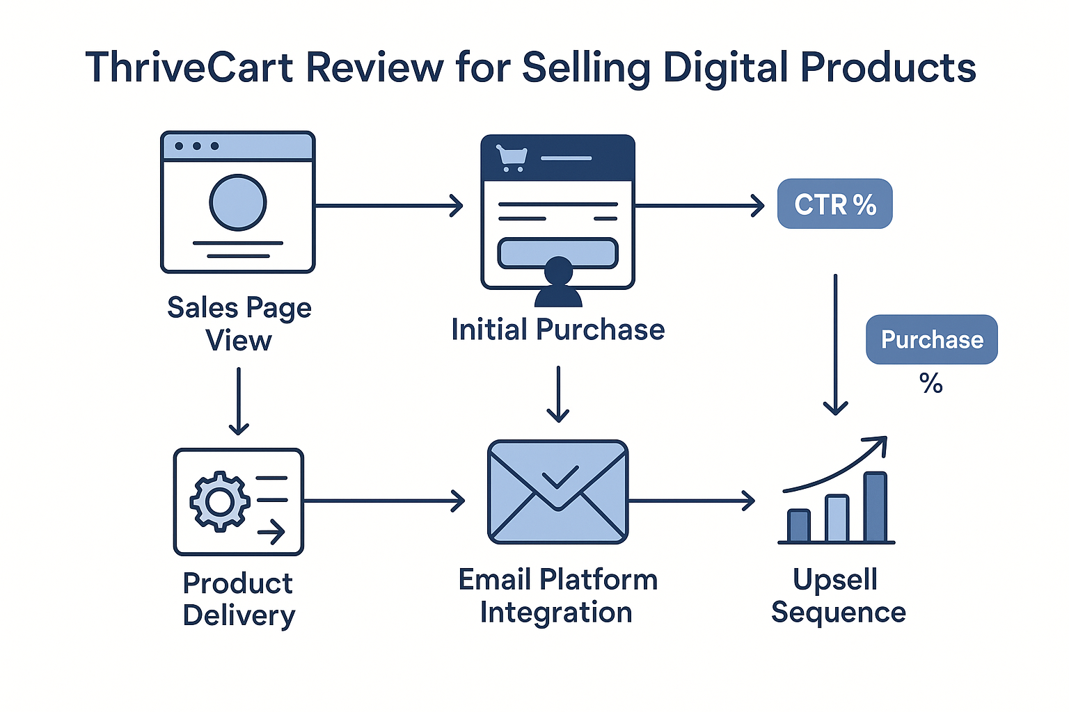 Flow chart diagram showing the customer journey from initial purchase through ThriveCart's automated delivery system, email integration, and upsell sequence with conversion percentages at each step