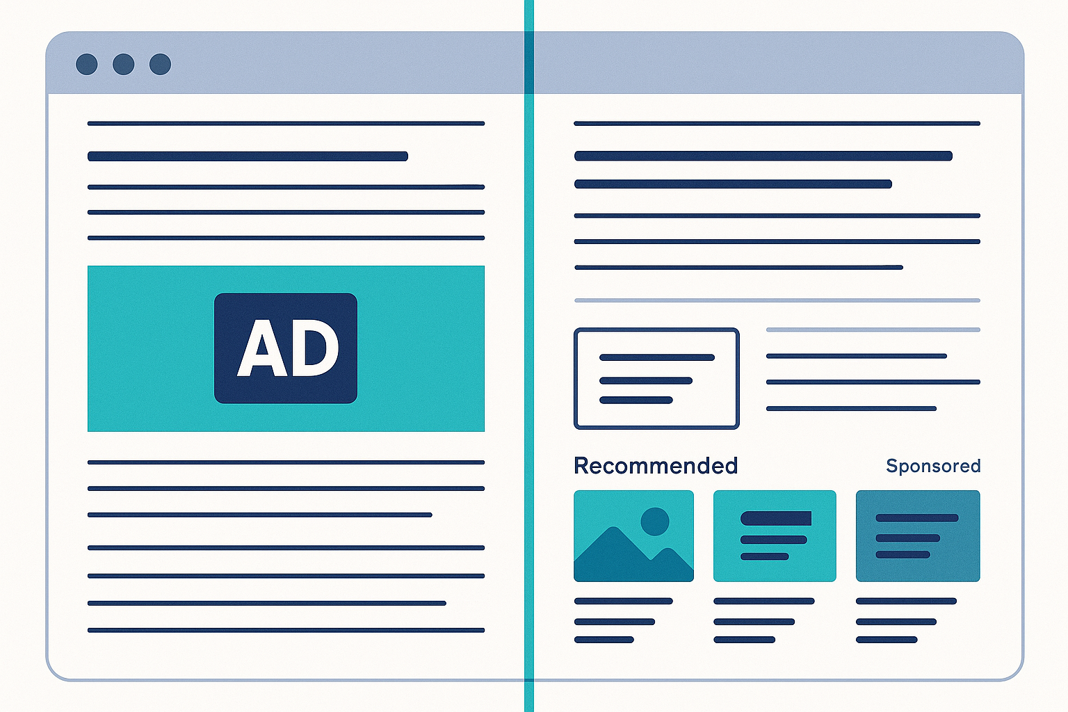 Split-screen comparison showing a traditional display banner ad on the left versus a native content recommendation widget on the right, highlighting the visual and contextual differences in how they appear on a news website