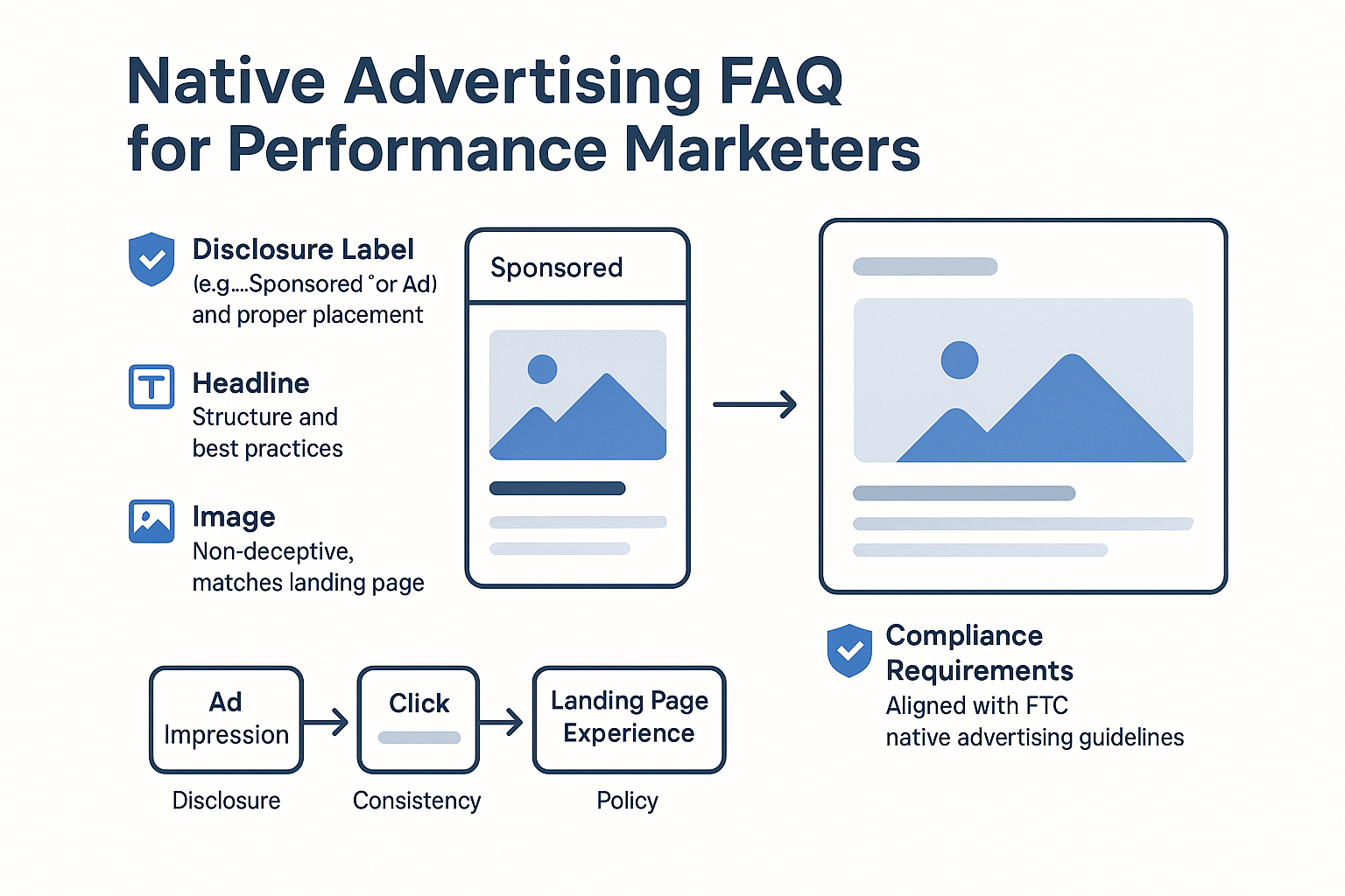 Infographic showing the anatomy of a compliant native ad, with callouts highlighting required disclosure elements, headline structure, image guidelines, and landing page compliance requirements according to FTC guidelines