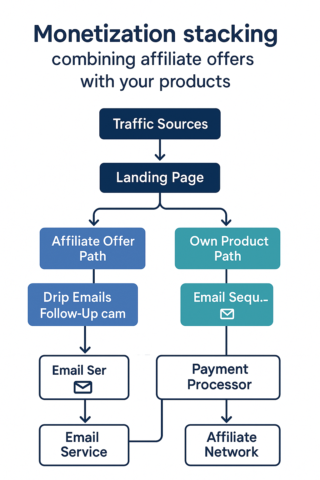 A flowchart diagram showing customer journey through multiple revenue streams, with decision points for affiliate offers versus own products, including email sequences and platform integrations