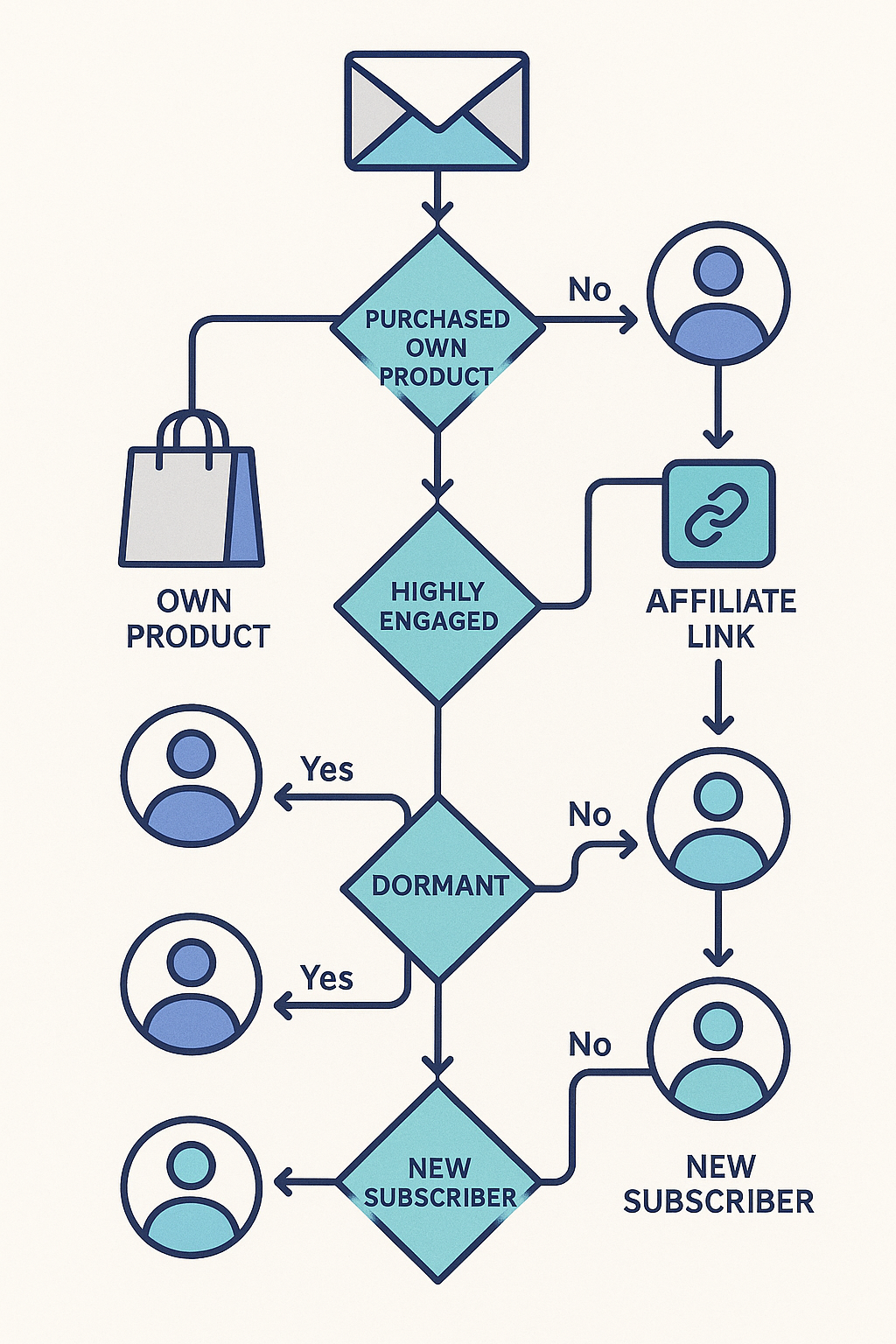 A detailed email automation flowchart showing branching sequences for different customer segments, with decision points based on purchase behavior and engagement levels
