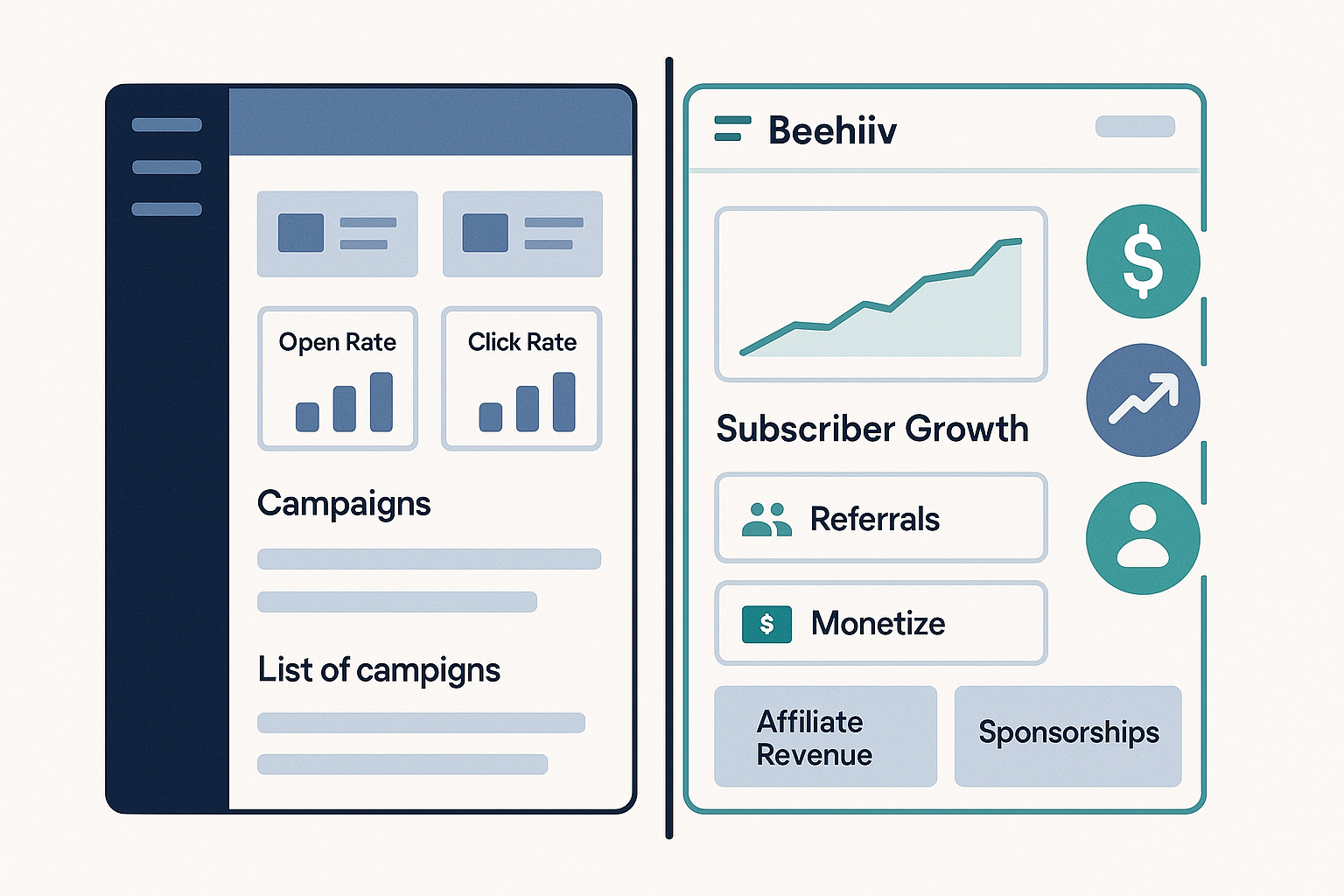 Split-screen comparison showing a traditional email marketing dashboard versus Beehiiv's newsletter-focused interface, highlighting the key differences in layout, growth metrics, and monetization options
