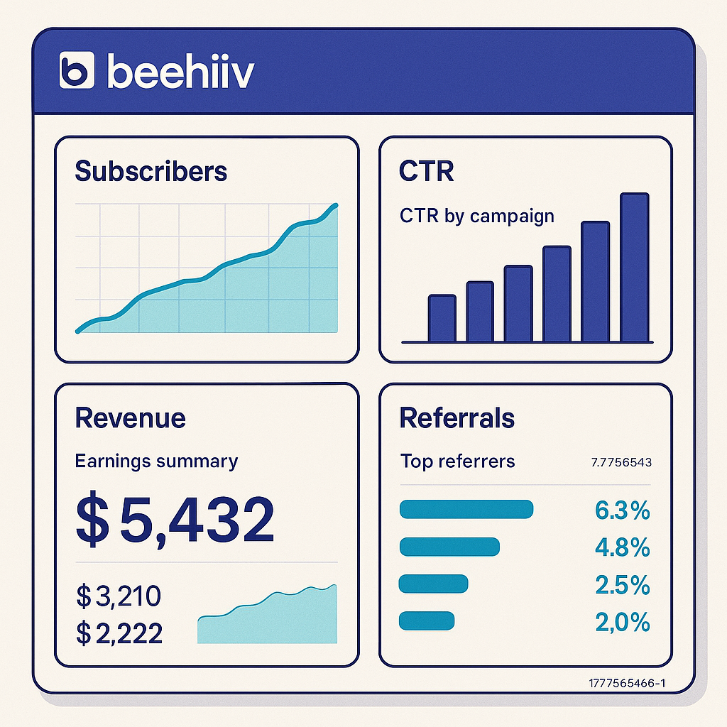 Dashboard screenshot mockup showing Beehiiv's analytics interface with key metrics for affiliate marketers including subscriber growth, click-through rates, revenue tracking, and referral performance data