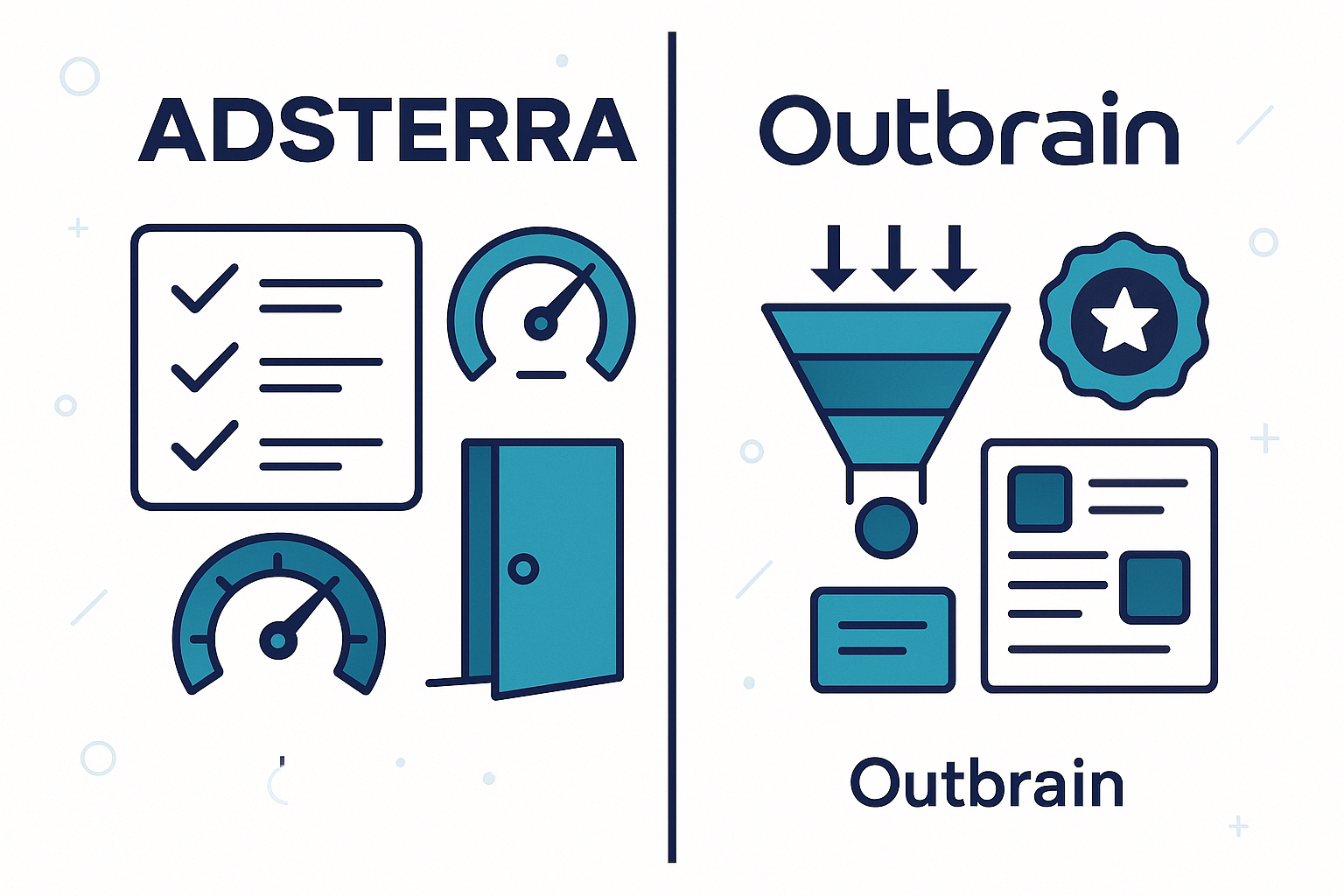 Split-screen comparison infographic showing Adsterra logo on left with beginner-friendly icons (low barriers, quick approval) versus Outbrain logo on right with premium quality indicators (higher conversion rates, premium publishers)