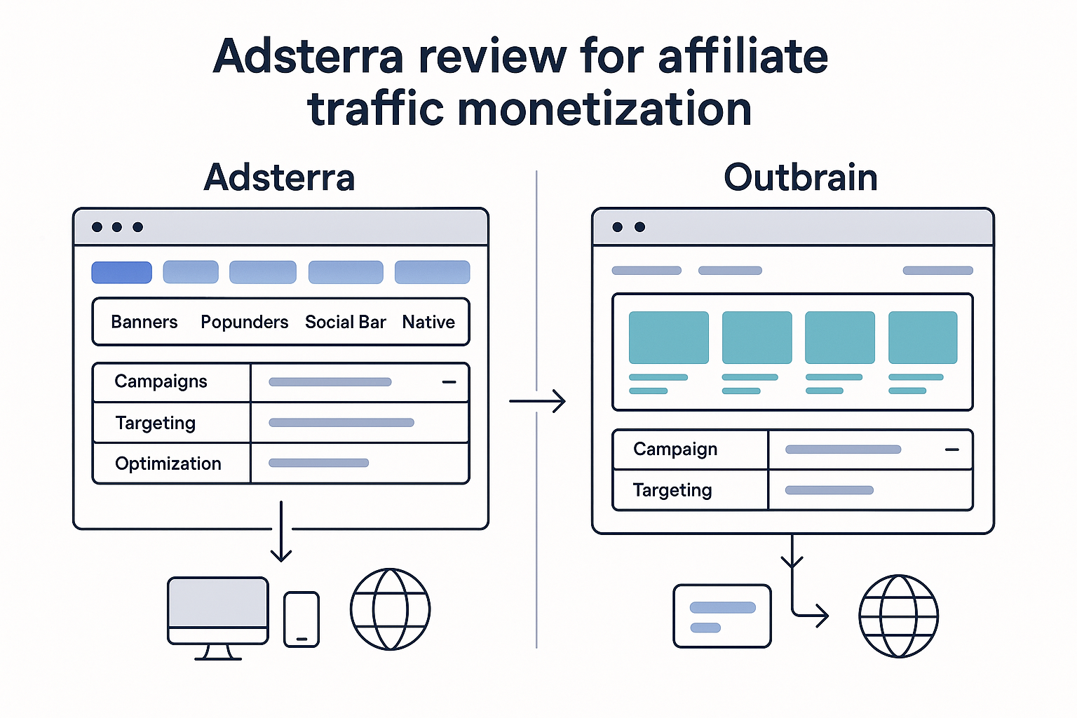 Dashboard comparison showing Adsterra's interface with multiple ad format options and campaign types versus Outbrain's cleaner, more streamlined campaign management interface focused on native advertising