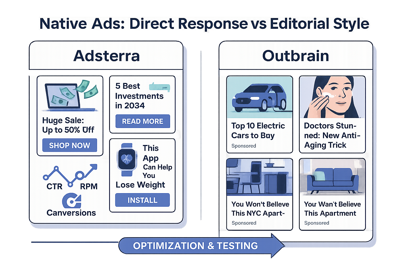 Side-by-side examples of native ad creatives showing Adsterra's more direct marketing style headlines versus Outbrain's editorial-style native ad examples that blend with premium publisher content