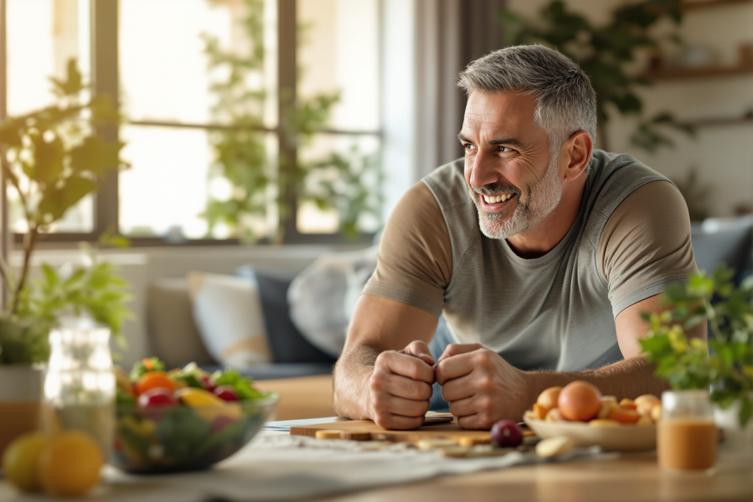 A holistic wellness plan for managing age-related testosterone decline in men, focusing on daily habits, nutrition, exercise, and stress reduction to optimize hormone balance and vitality after 40. illustration