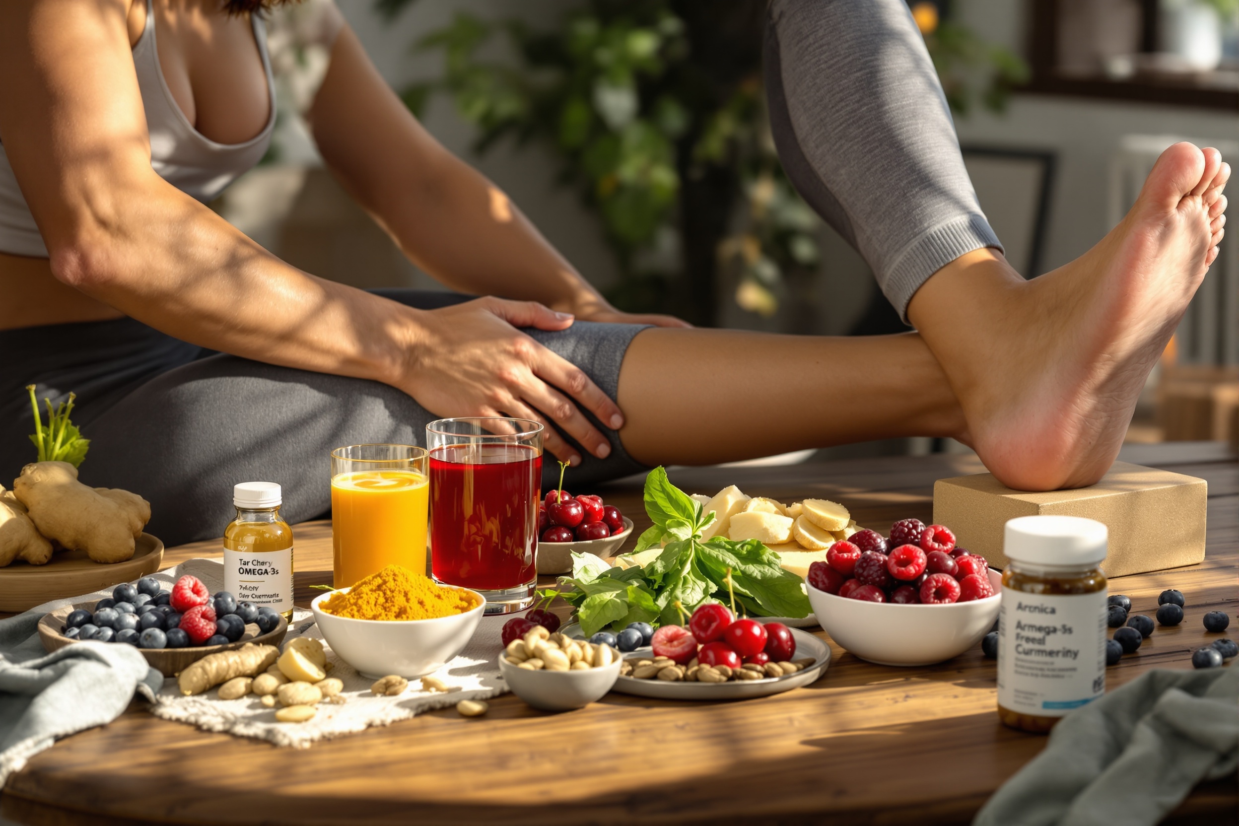 Natural remedies to reduce muscle soreness and speed up recovery after exercise, focusing on science-backed foods, botanicals, and movement strategies suitable for all fitness levels. illustration