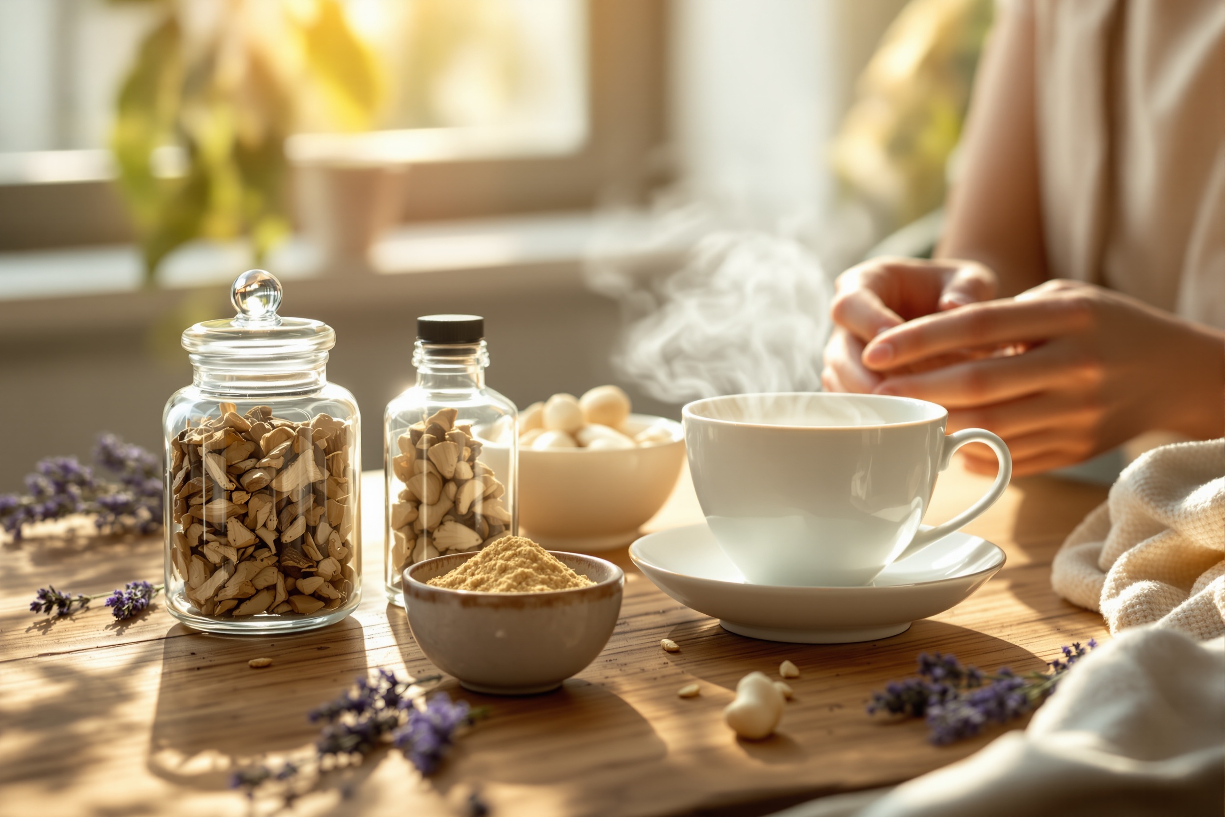 Natural adaptogens to help manage emotional burnout and restore mental balance illustration