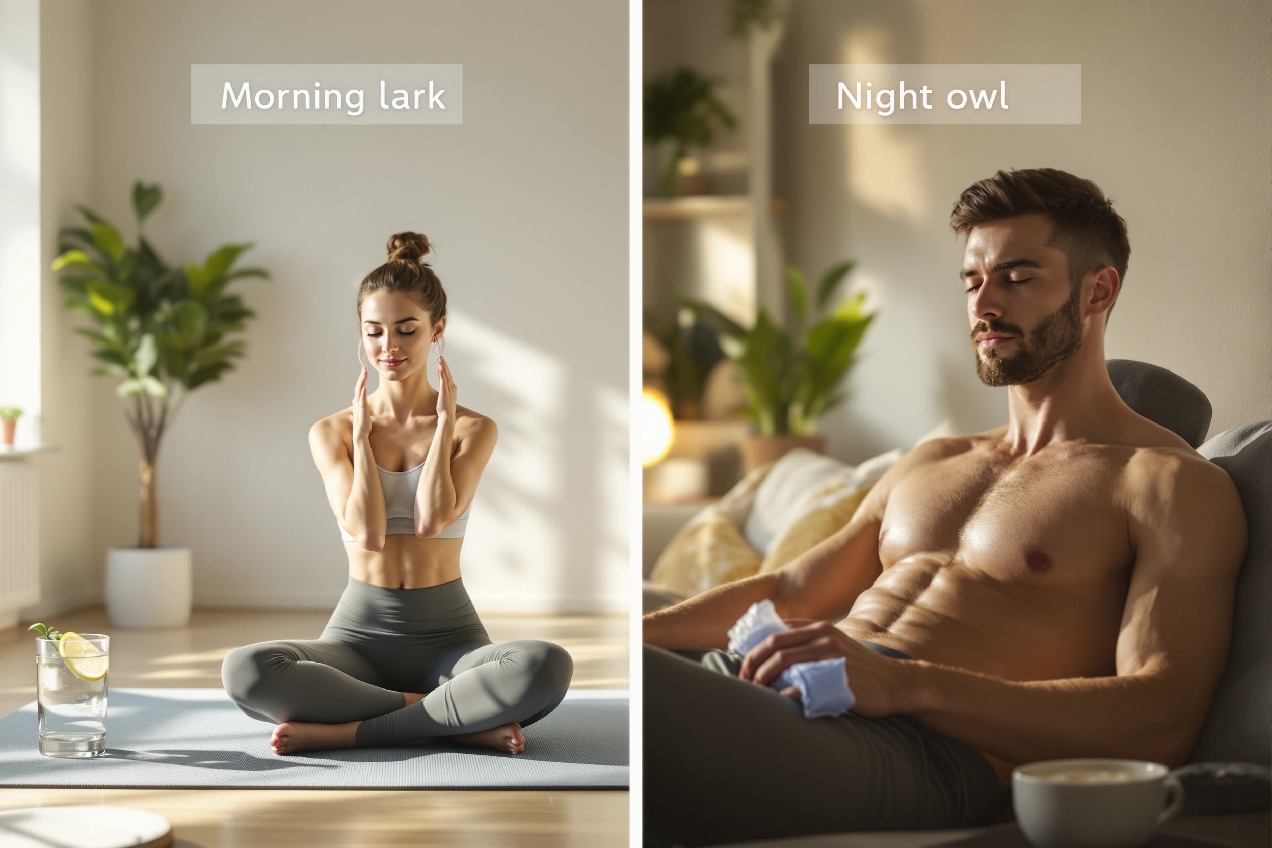 The impact of chronotype (morning lark vs. night owl) on muscle recovery and athletic performance after exercise, with a focus on recent research comparing recovery timelines and strategies for different chronotypes. illustration