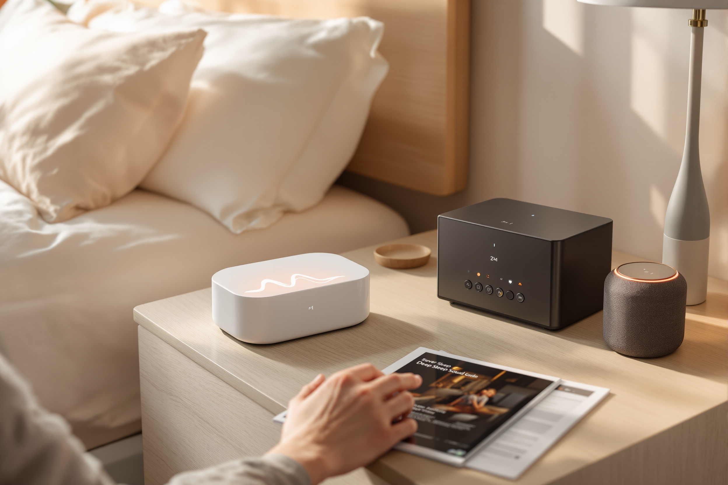 A comprehensive buyer's guide comparing the latest sleep sound machines designed for deep sleep and accelerated overnight muscle recovery, evaluating features such as sound profiles, timer settings, portability, and integration with smart home devices. illustration