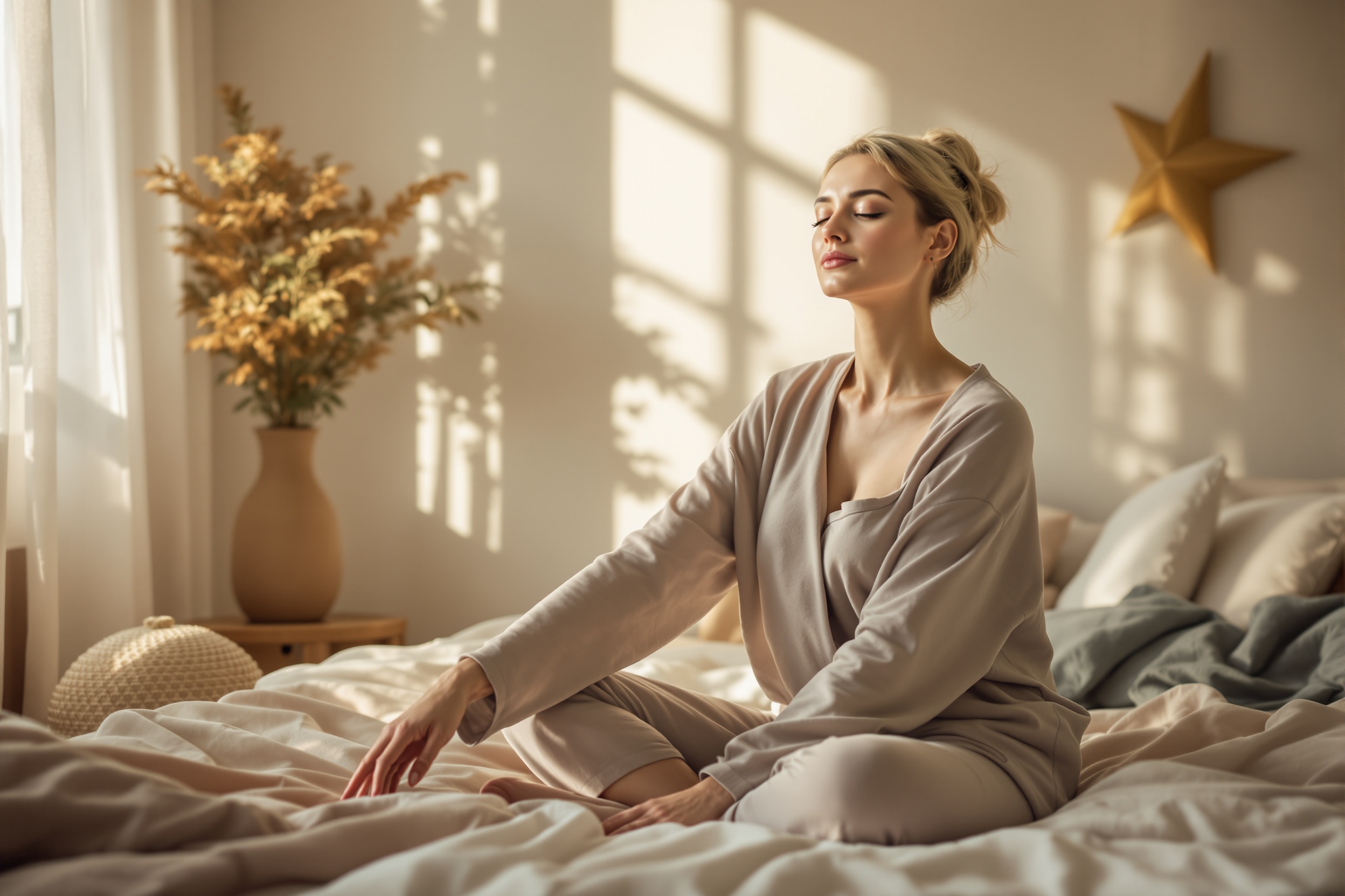 A structured evening protocol using gentle breathwork and stretching to promote faster sleep onset and improved recovery, tailored for adults experiencing difficulty winding down after busy days. illustration