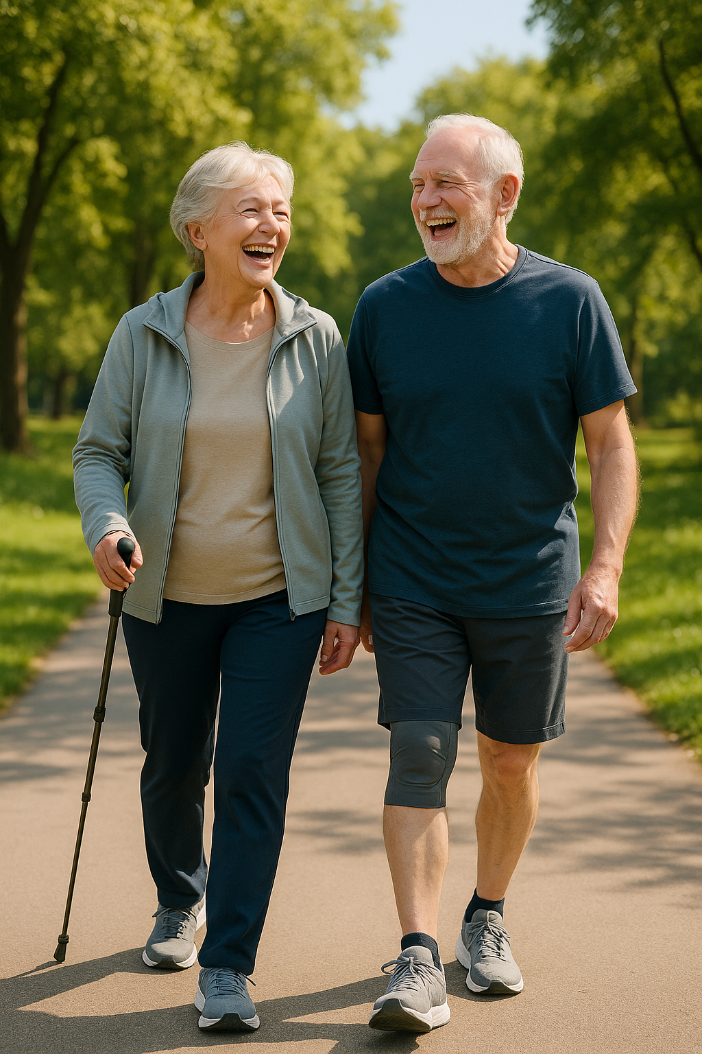 Seniors with arthritis walking together in a sunny, green park