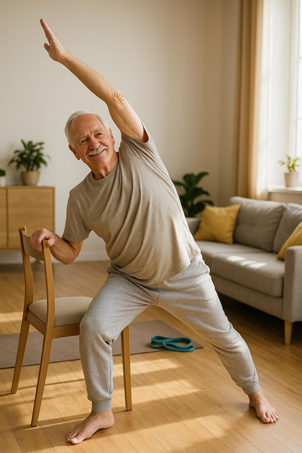 Senior man practicing chair yoga in sunny living room for arthritis exercise