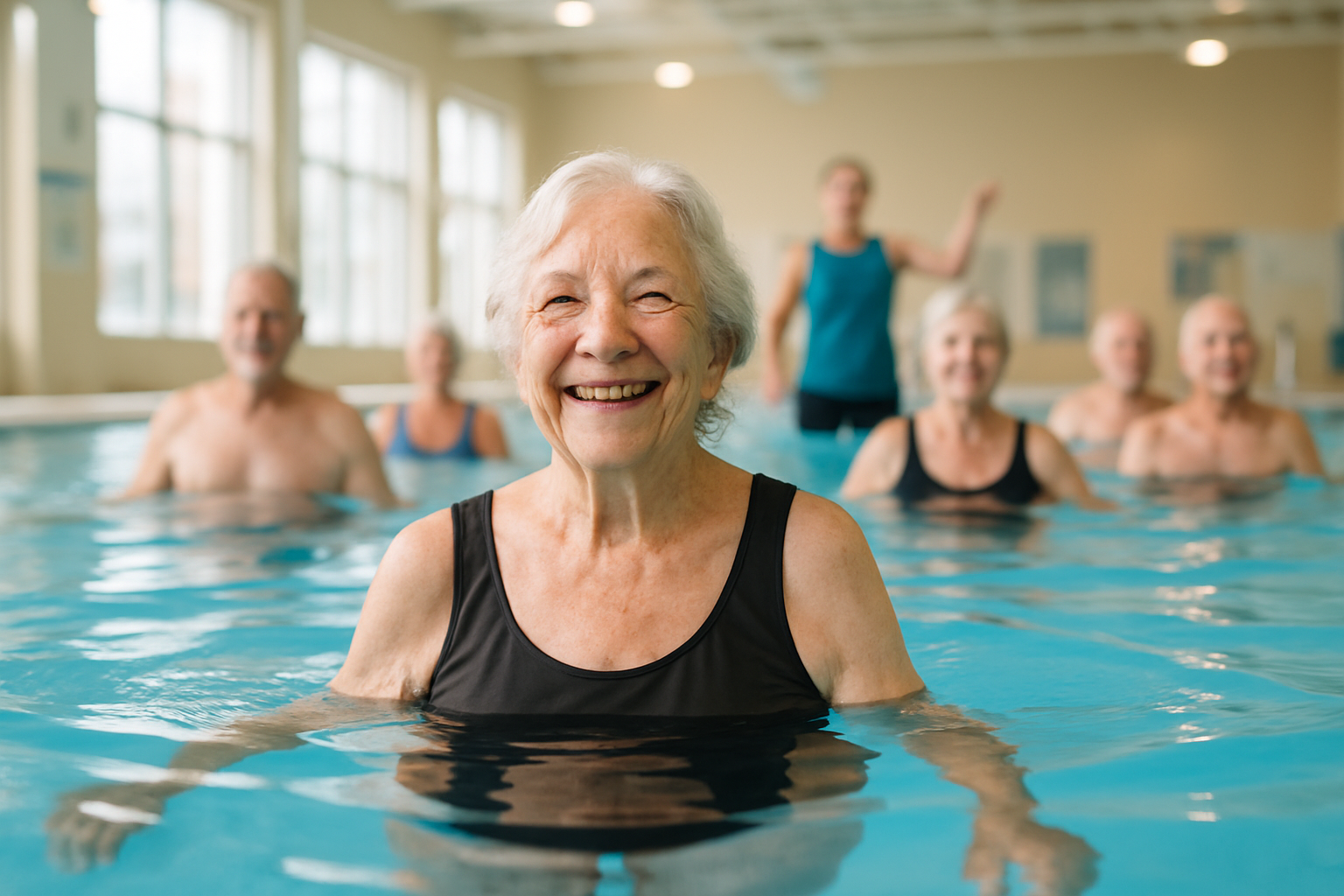 Senior woman doing water aerobics for arthritis in a bright indoor pool