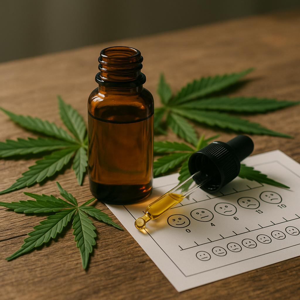 CBD oil dropper bottle with hemp leaves and pain scale on a table