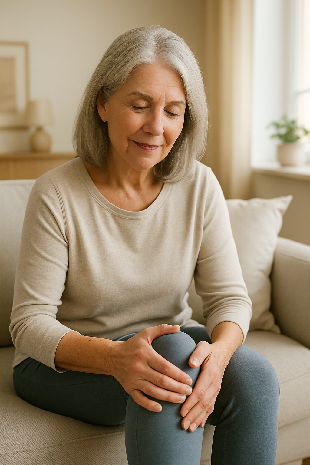 Senior woman massaging her knee on a sunny living room couch, suggesting joint pain and comfort.
