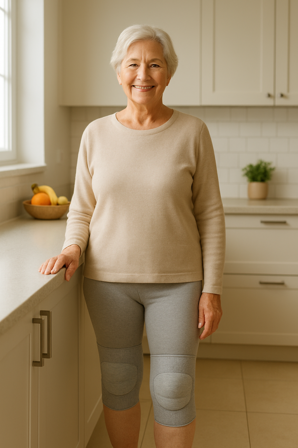 Senior woman smiling, wearing knee braces in her kitchen, feeling joint support.