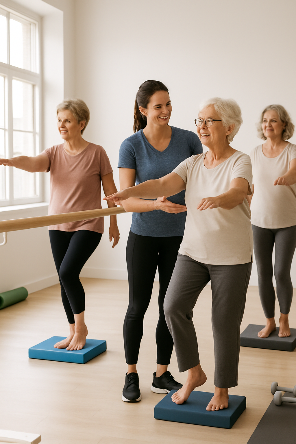 Elderly women with a physical therapist doing gentle mobility exercises in a studio.