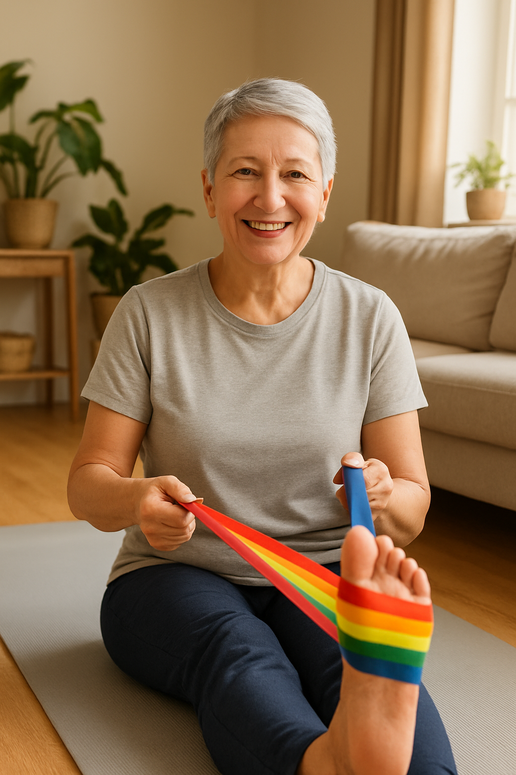Older adult using a resistance band for knee exercise at home, living room setting.