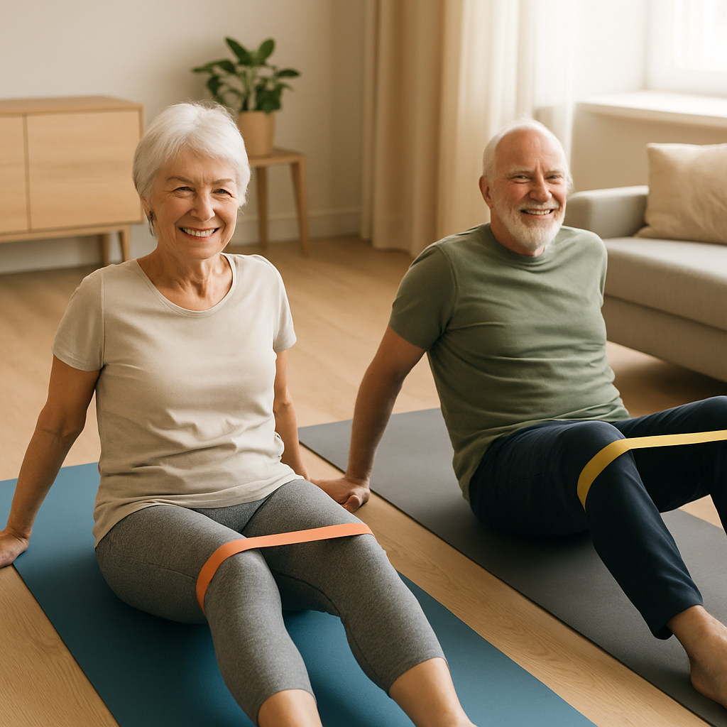 Senior couple using resistance bands for knee exercises together at home.