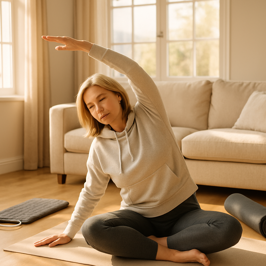 Woman stretching in bright living room with heating pad and yoga mat