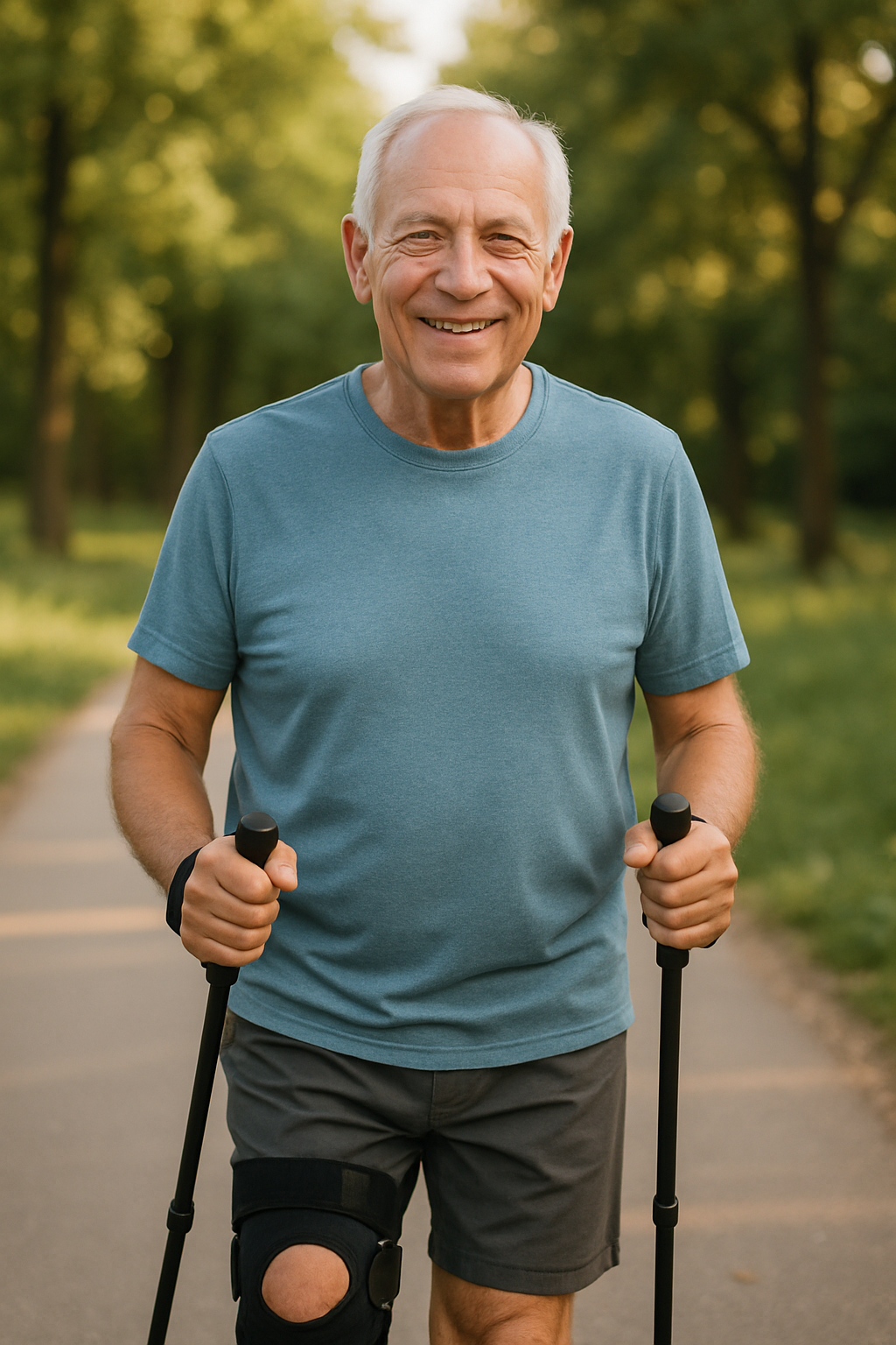 Elderly man walking with knee brace and sticks in park